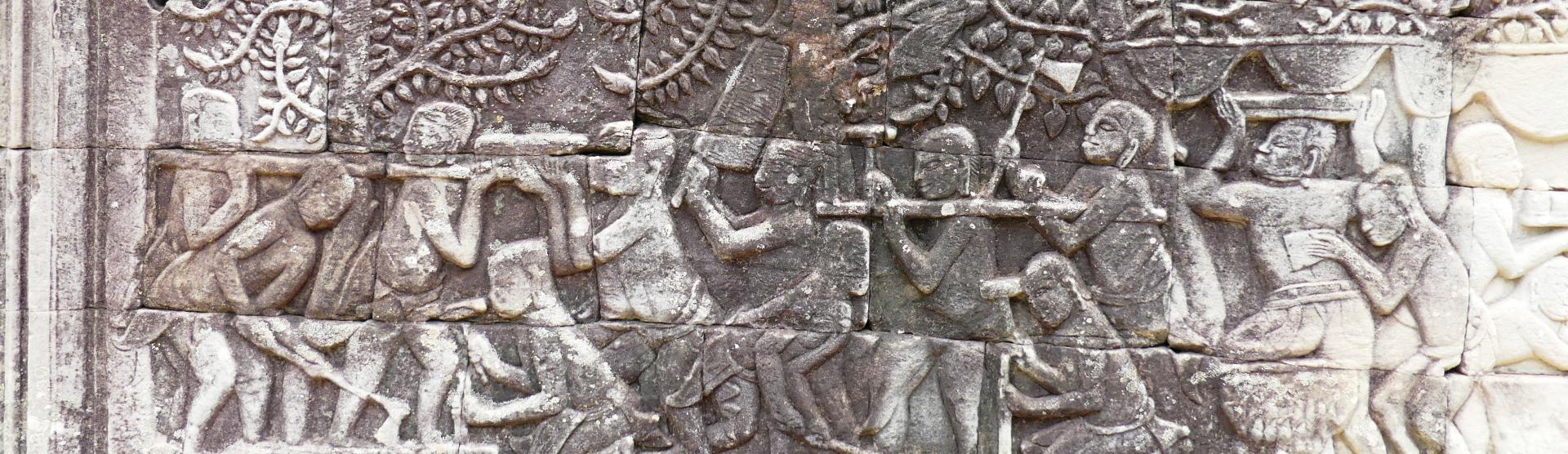 Mural de los trabajadores de la piedra, Templo Bayon, Angkor, Siam Reap, Camboya